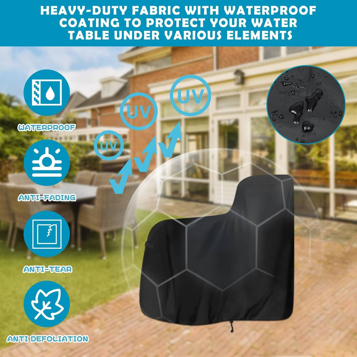 Black heavy-duty waterproof-coated water table cover with textured fabric