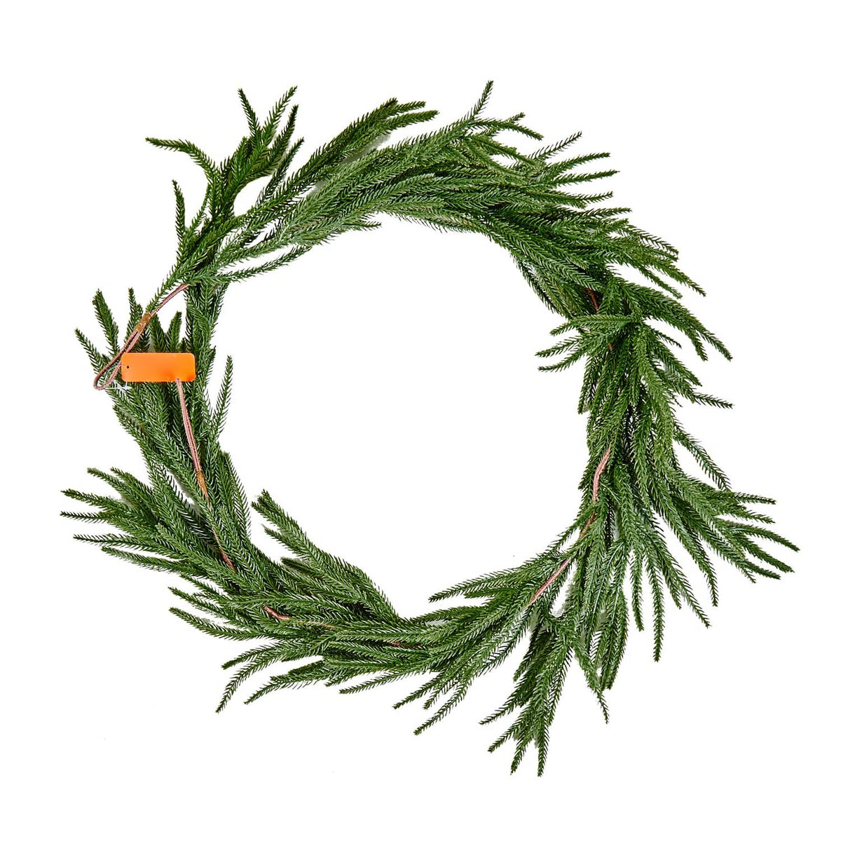 Artificial green pine garland wreath with dense needle branches and hanging loop