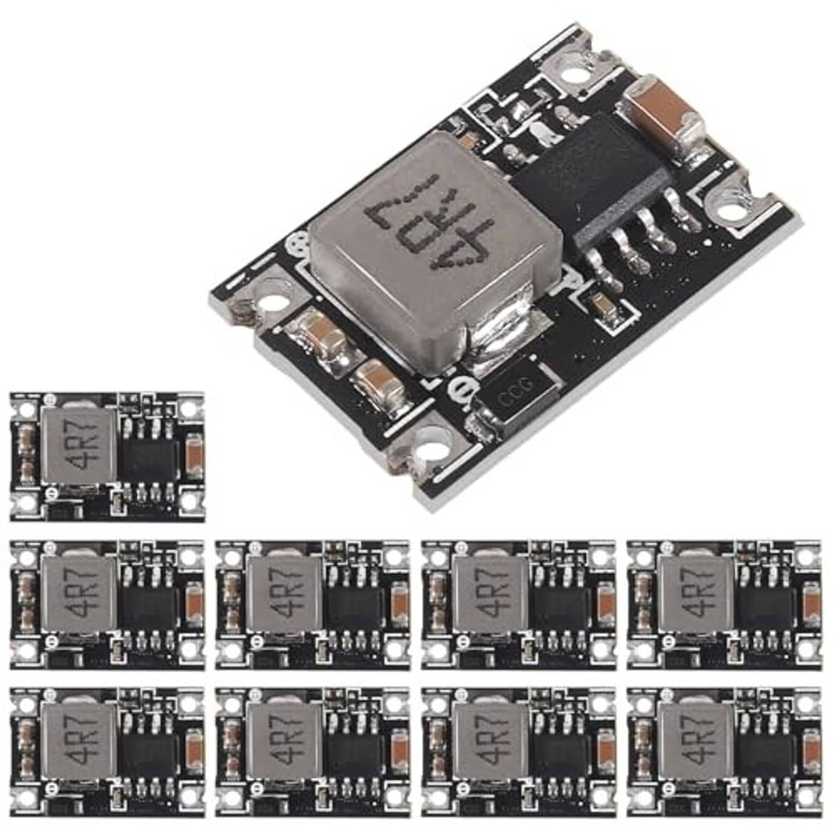 Set of step-down DC-DC power supply modules on PCB, multiple units shown