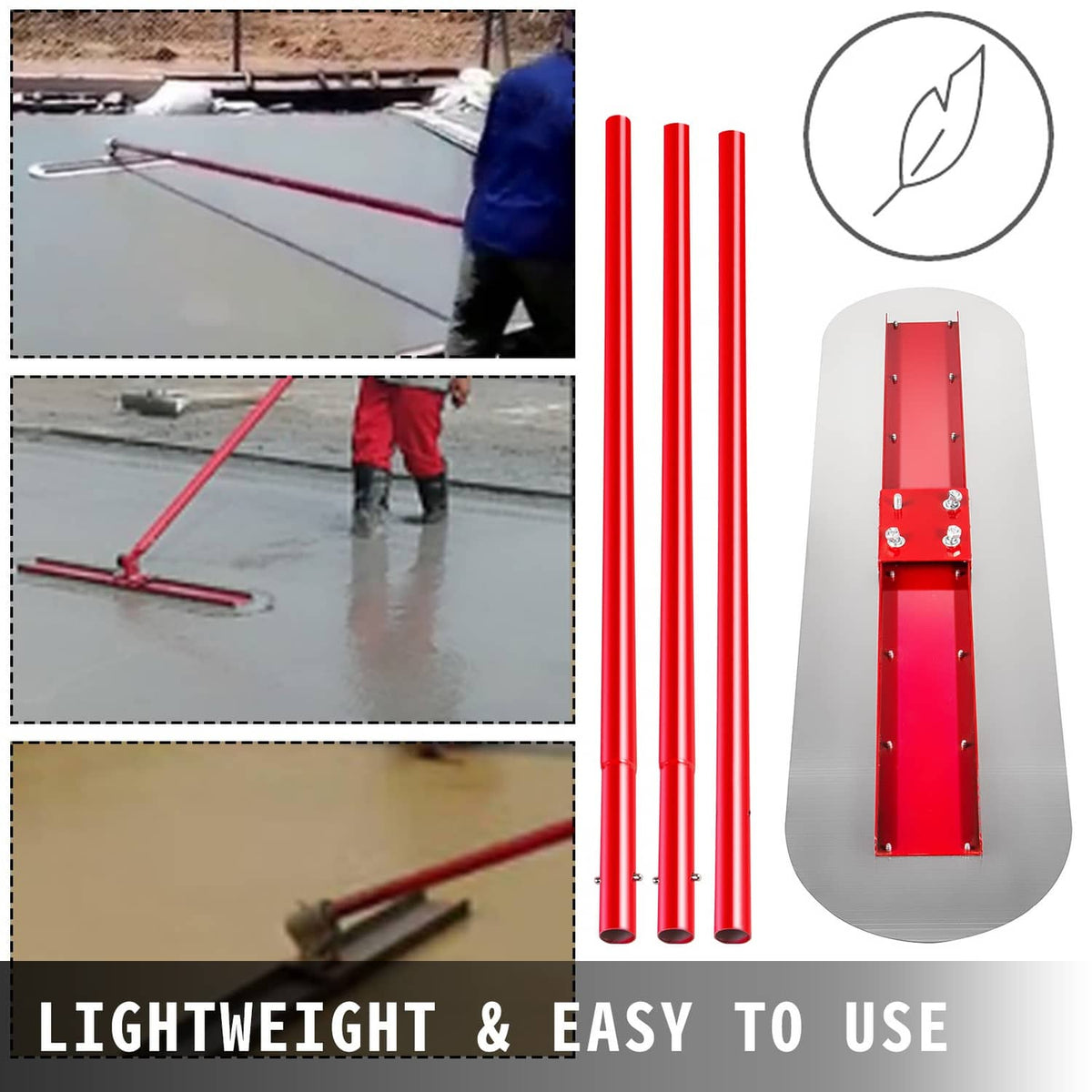 Concrete bull float kit with three red rod tubes, red deck, and metal handle parts