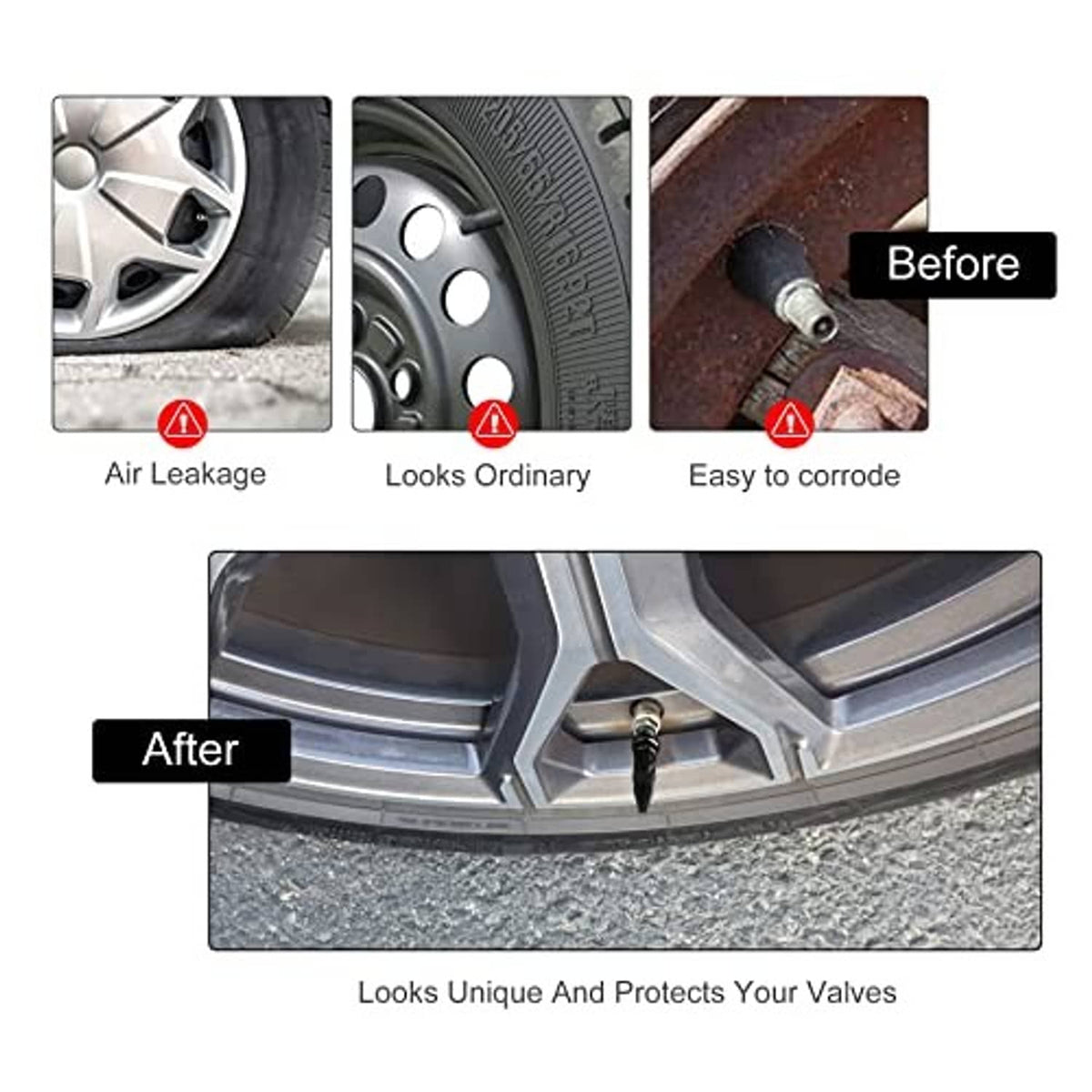 Black spiked valve cap installed on a car wheel valve stem for protection