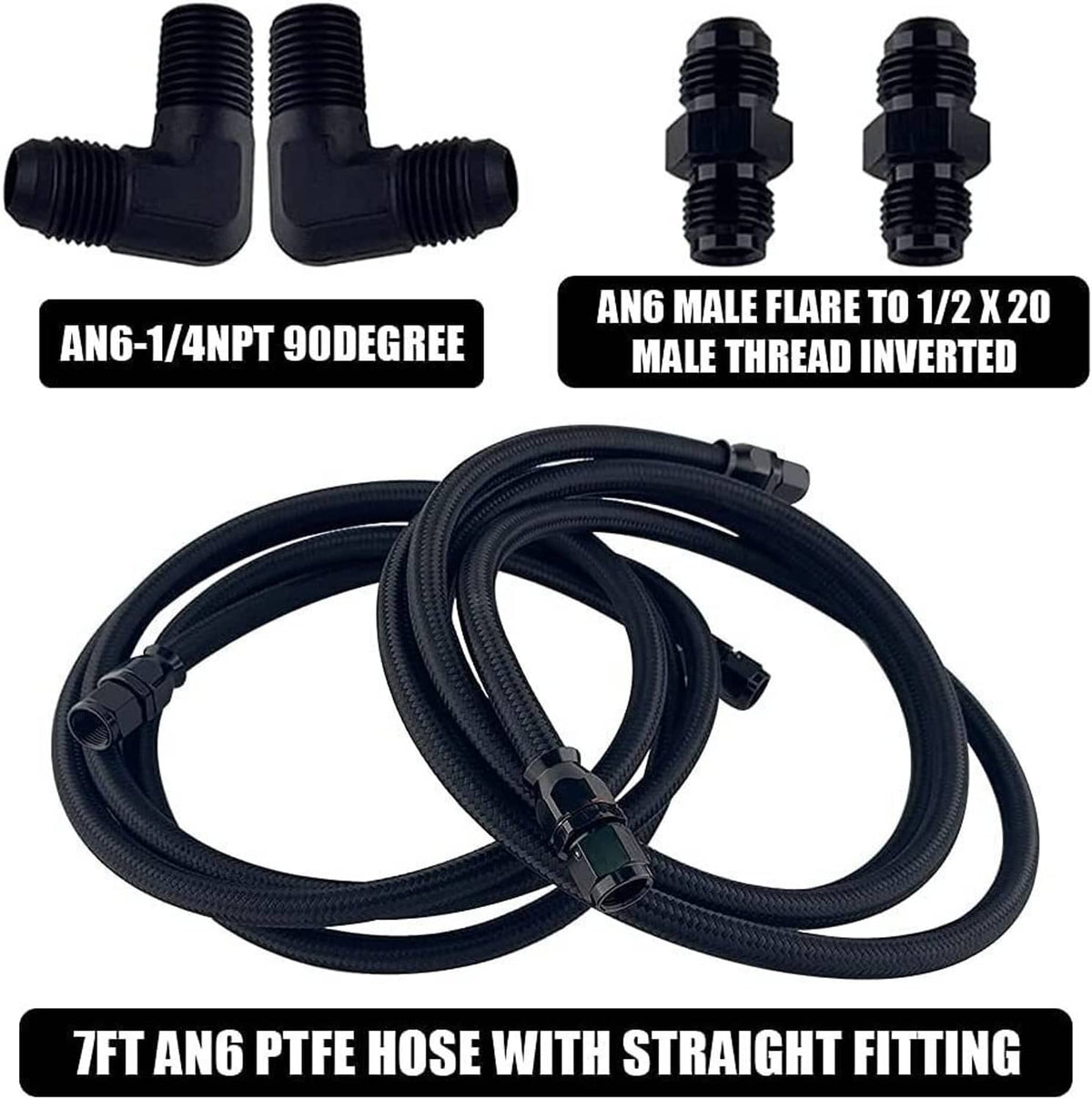 AN PTFE braided hose set with straight fittings and male thread inverted adapters