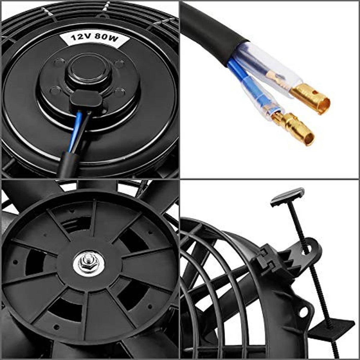 12V radiator cooling fan close-ups showing motor face and soldered wire ends