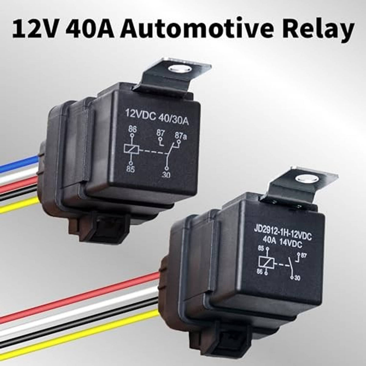 Pair of black 5-pin automotive relays with 12VDC 40/30A markings and wire harness
