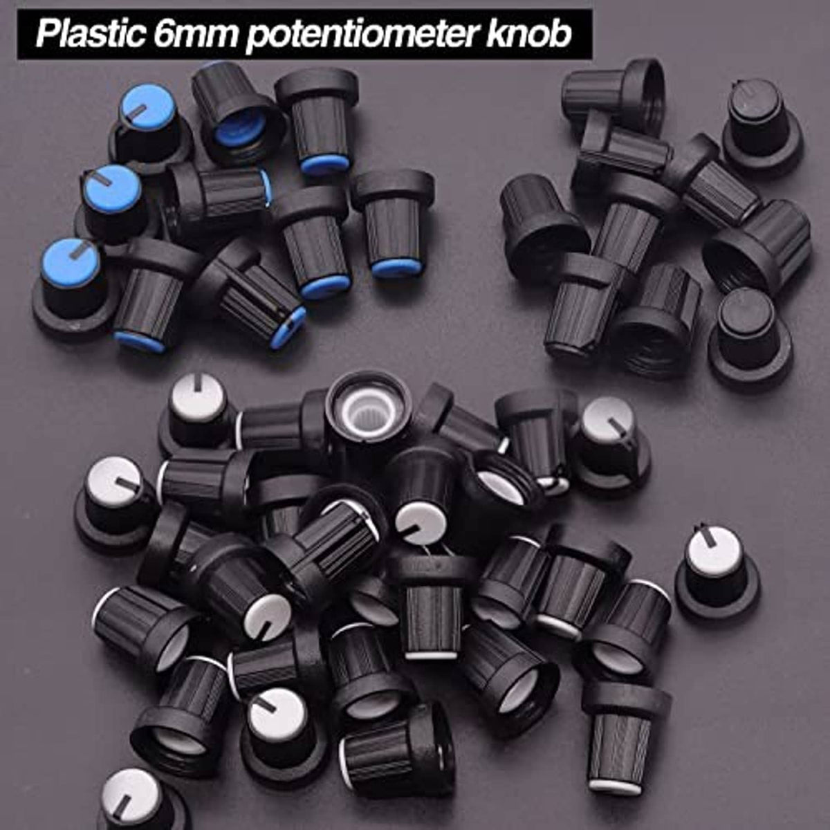 Plastic potentiometer knobs assortment, black with white and blue top caps