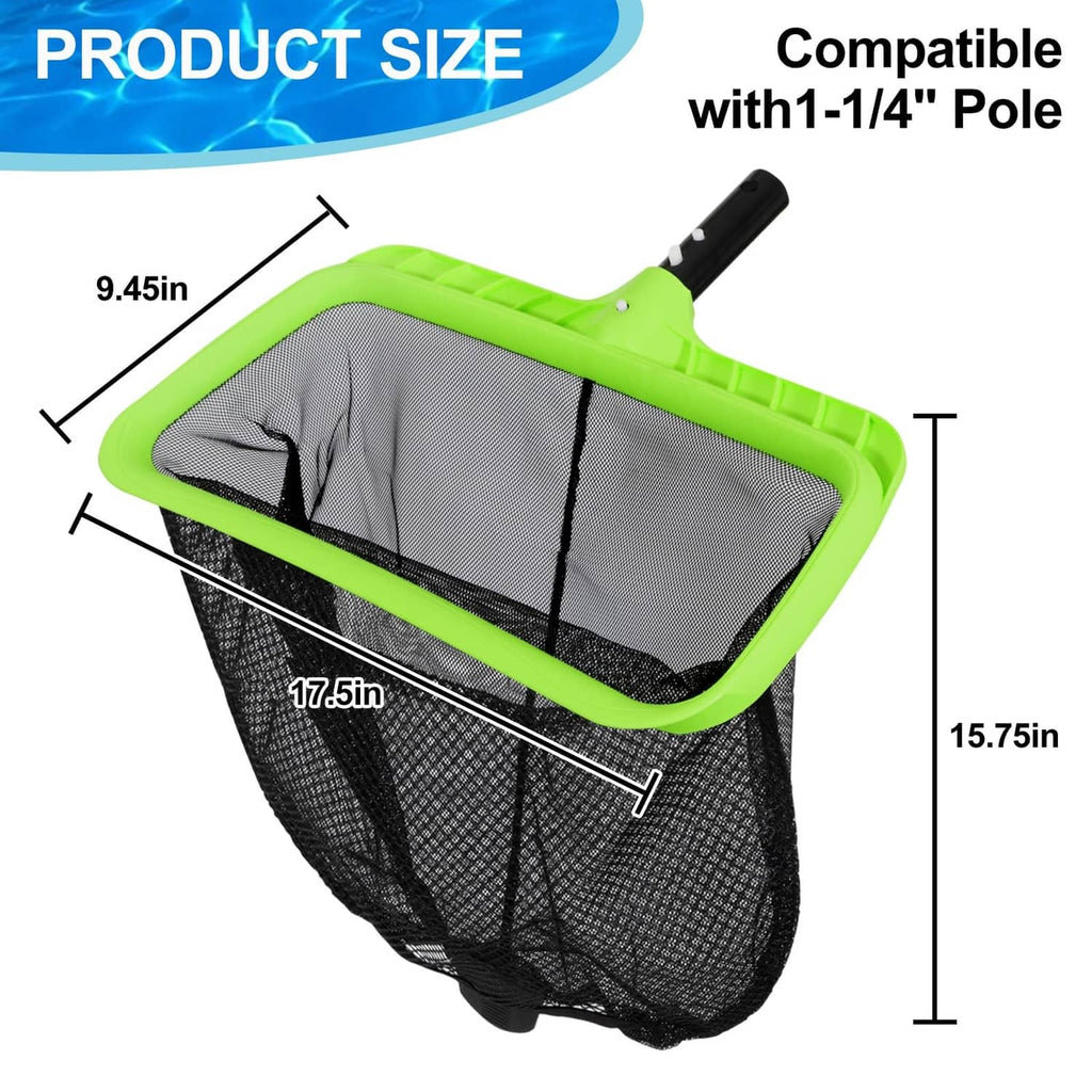 Green and black pool leaf skimmer net with double-layer mesh and pole connector.