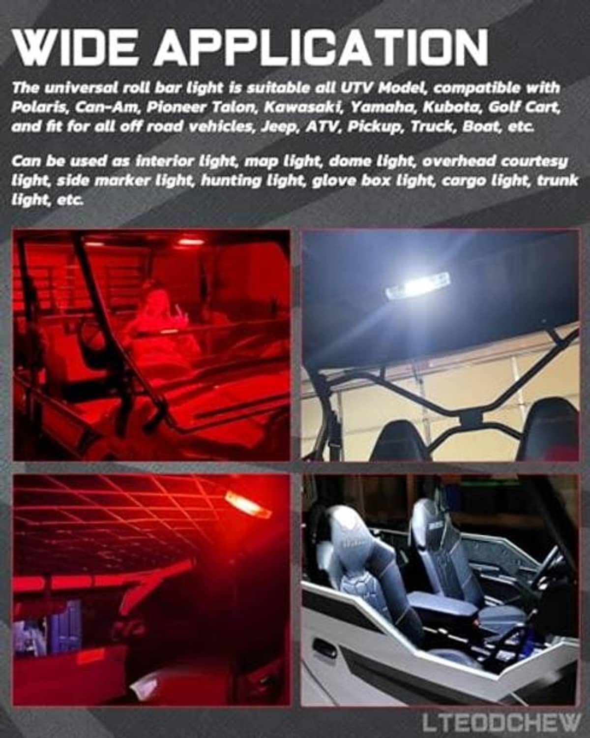 LED dome light bar with clear lens emitting red and white light for wide coverage