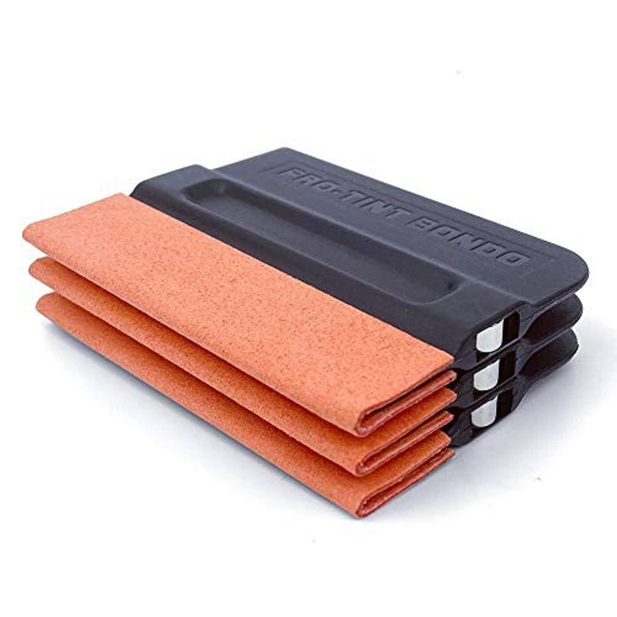 Black squeegee tool with stacked orange felt pads and dual edge slots