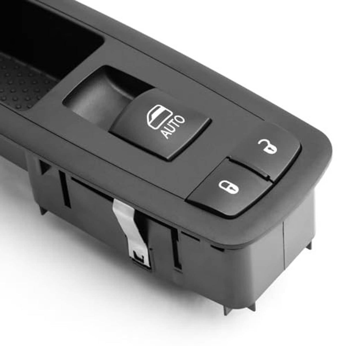 Power window switch panel close-up with AUTO rocker and control buttons, dark gray