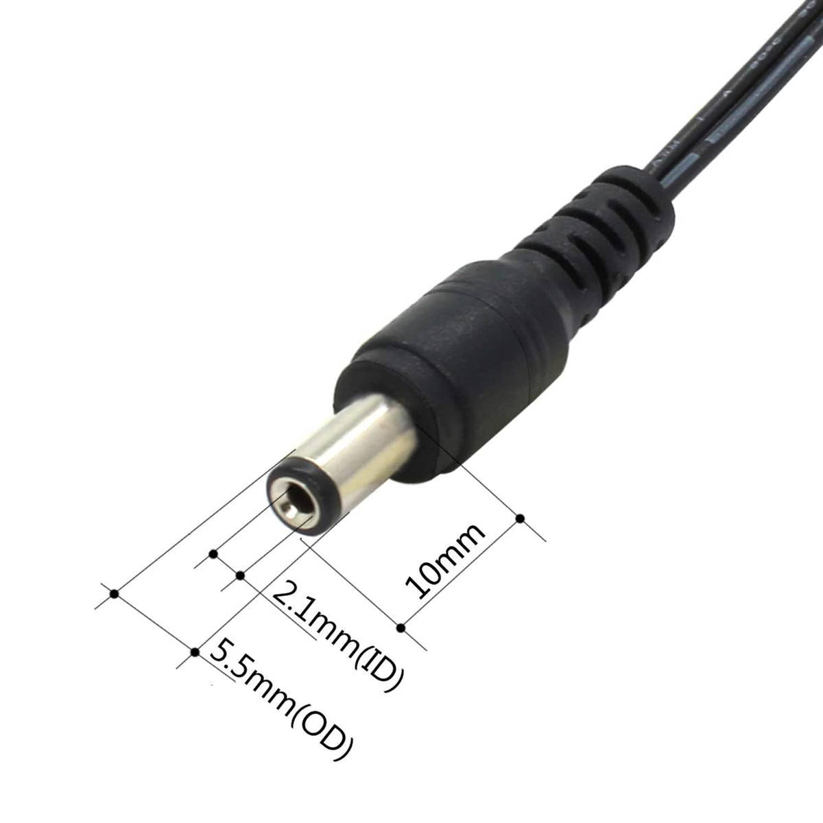 5.5x2.1mm DC barrel connector plug, black cable, metal tip