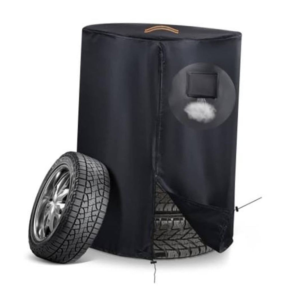 Black waterproof tire storage cover with drawstring closure and front tire