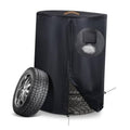 Black waterproof tire storage cover with drawstring closure and front tire