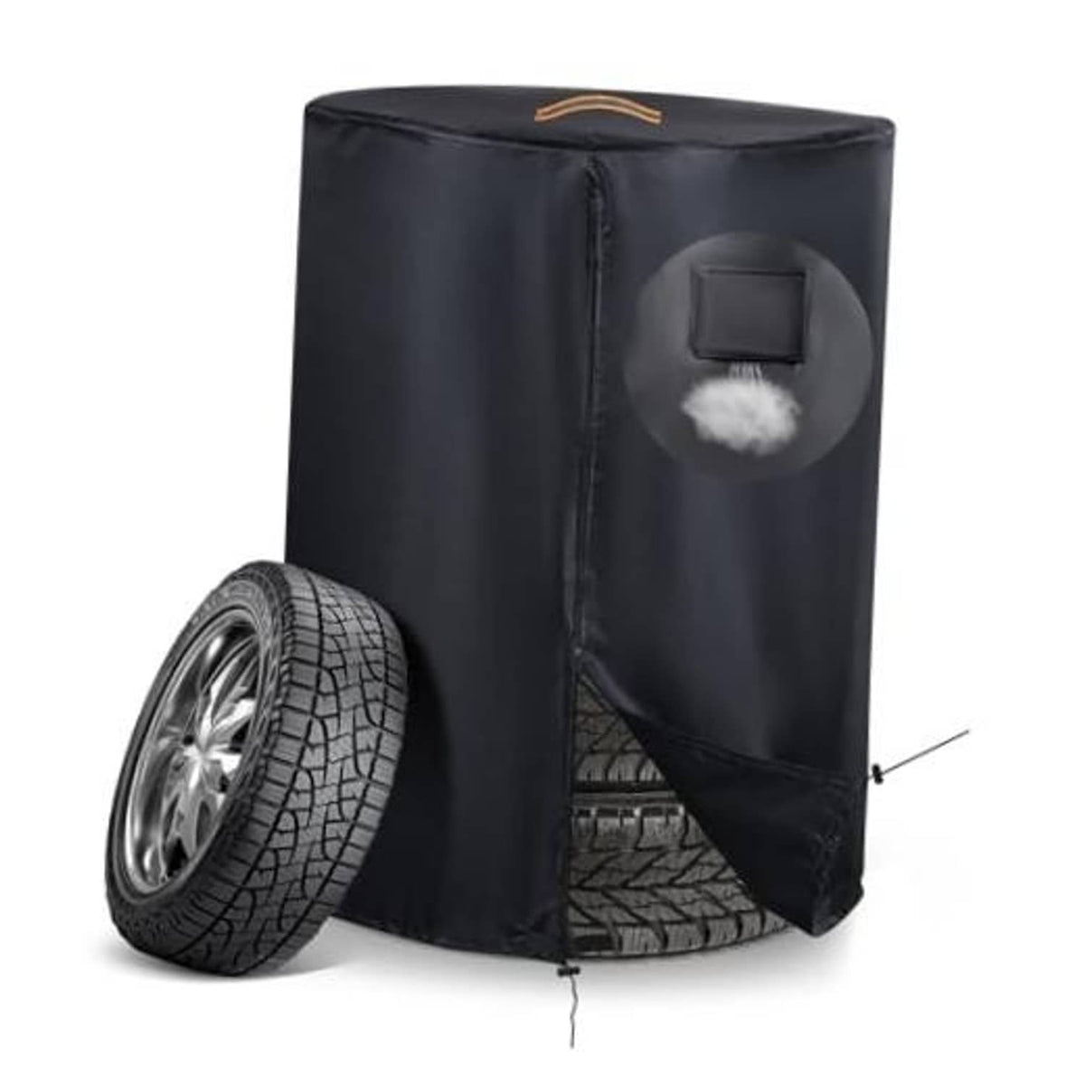 Black waterproof tire storage cover with drawstring closure and front tire