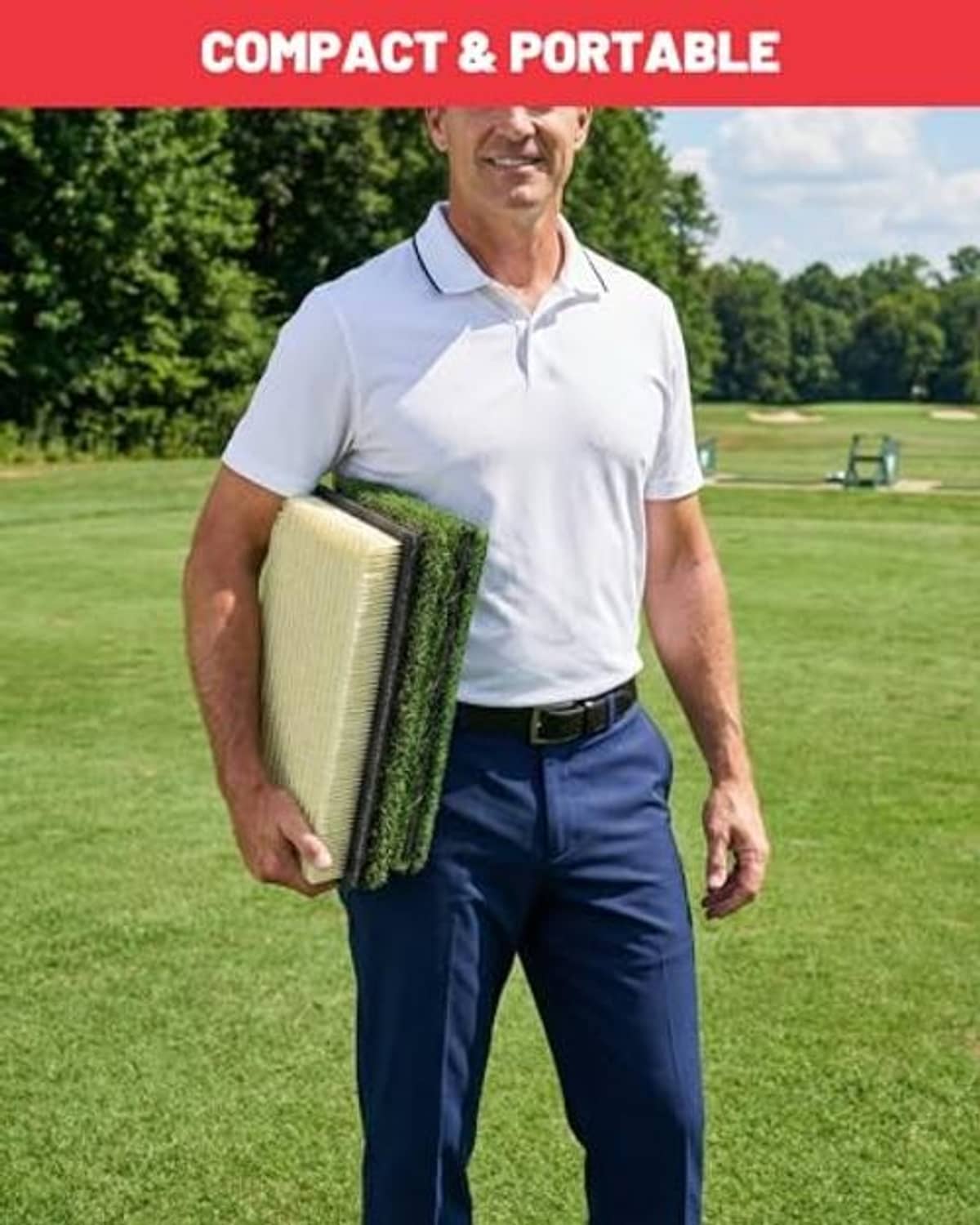 Compact portable golf hitting mat carried in hand with four turf zones