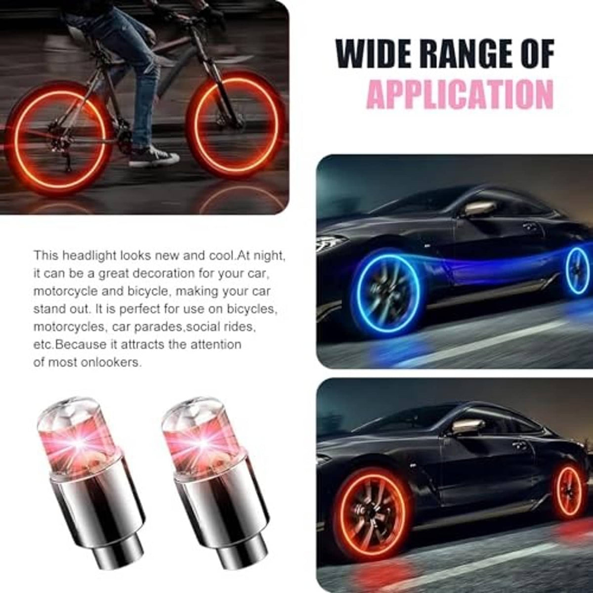 Red LED tire valve stem caps for cars, bikes, and motorcycles