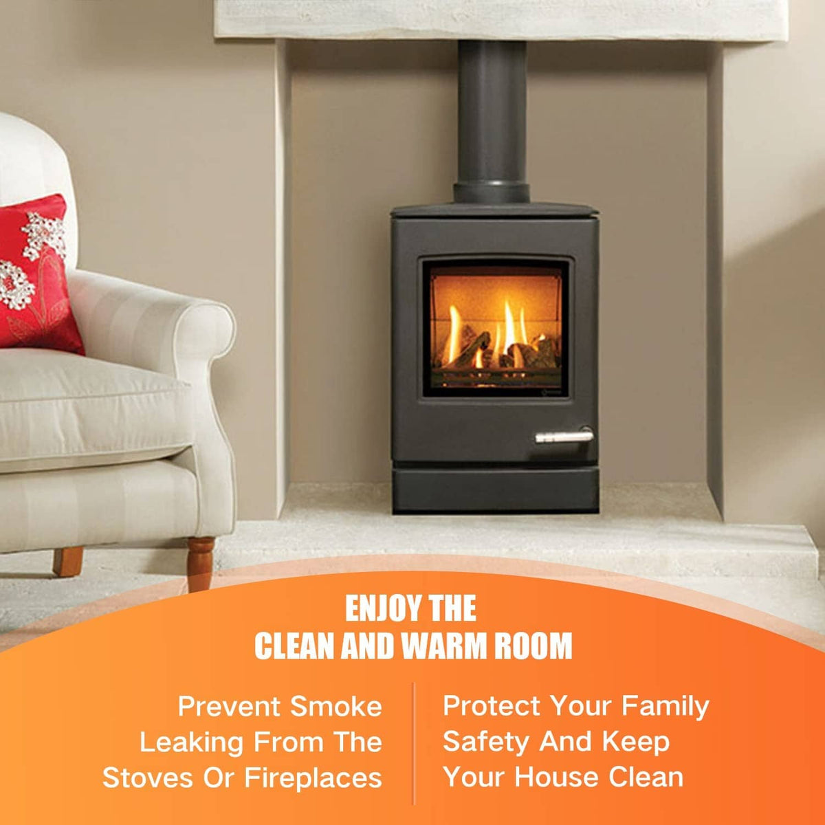 Black wood stove with burning fire in the glass door firebox