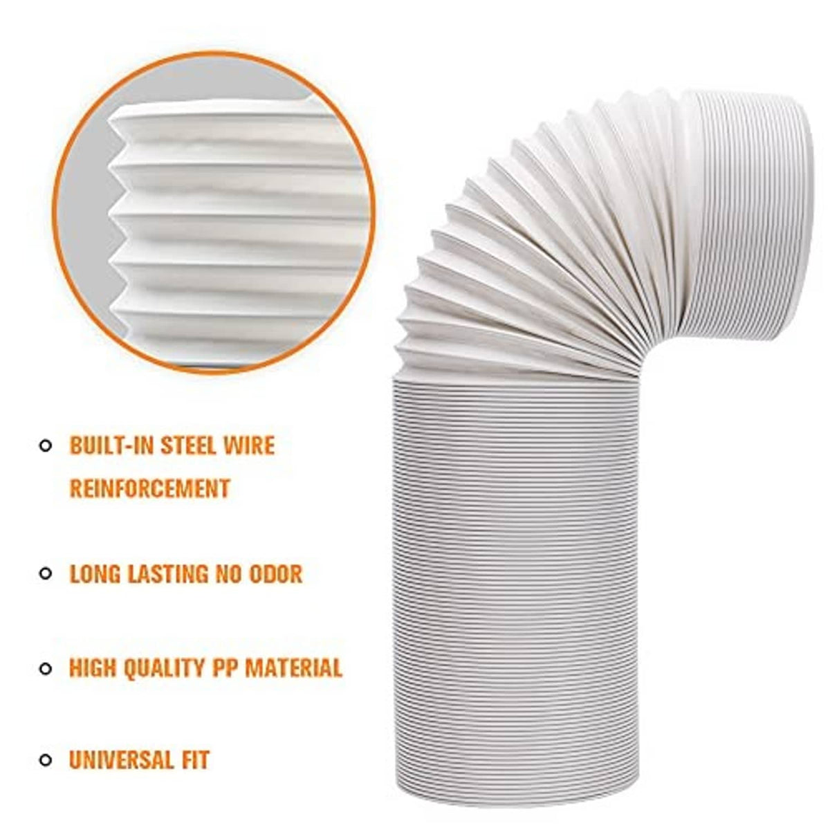 White elbow-style portable AC exhaust hose with ribbed corrugation and vent end
