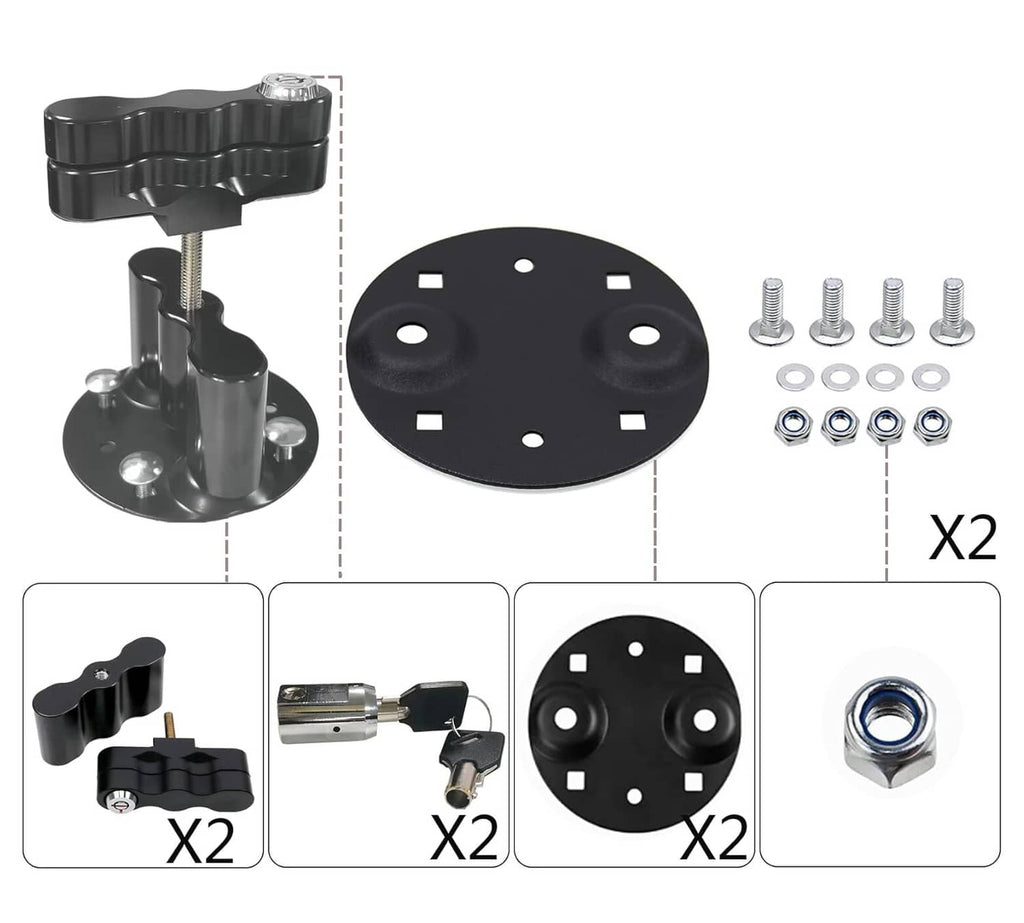 Black pack-mount lock kit exploded view with base plate, bolts, and key
