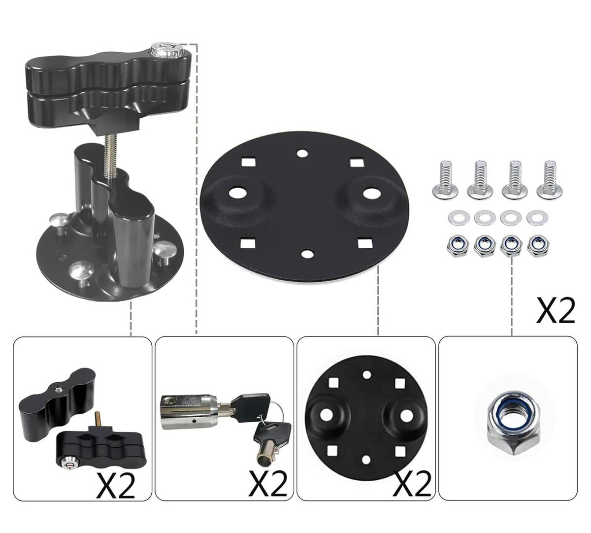 Black pack-mount lock kit exploded view with base plate, bolts, and key