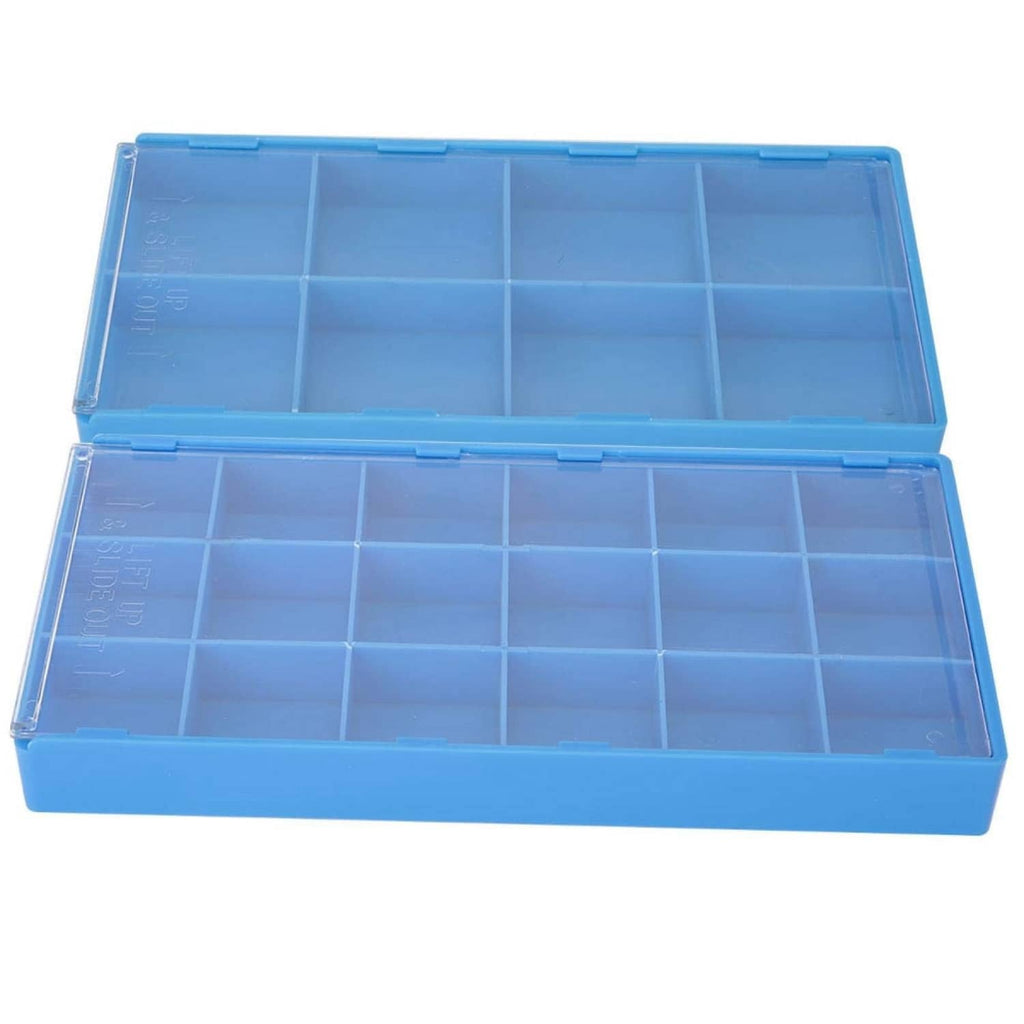 Blue plastic watch parts storage box with hinged double-section lid