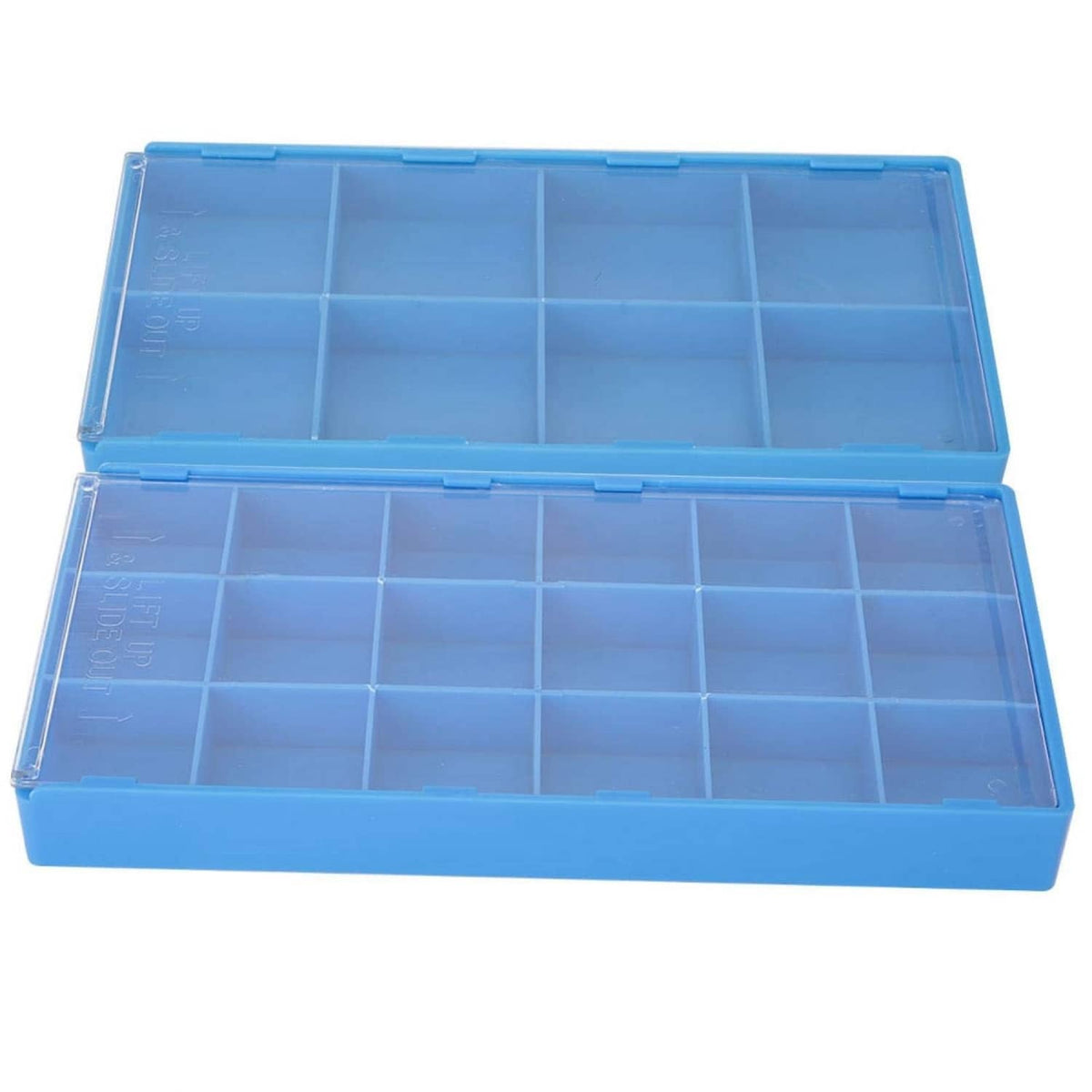 Blue plastic watch parts storage box with hinged double-section lid