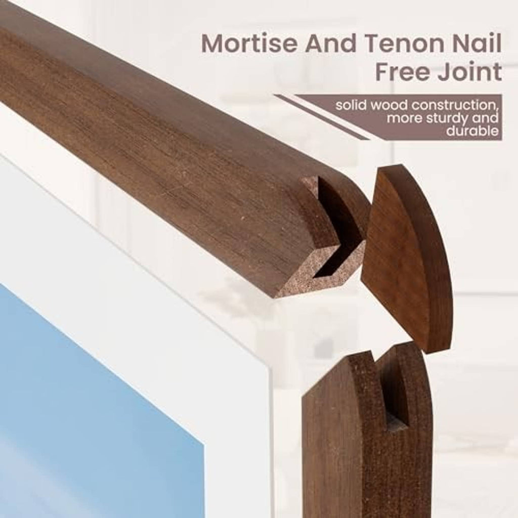 Walnut wood picture frame corner joint detail with interlocking profile