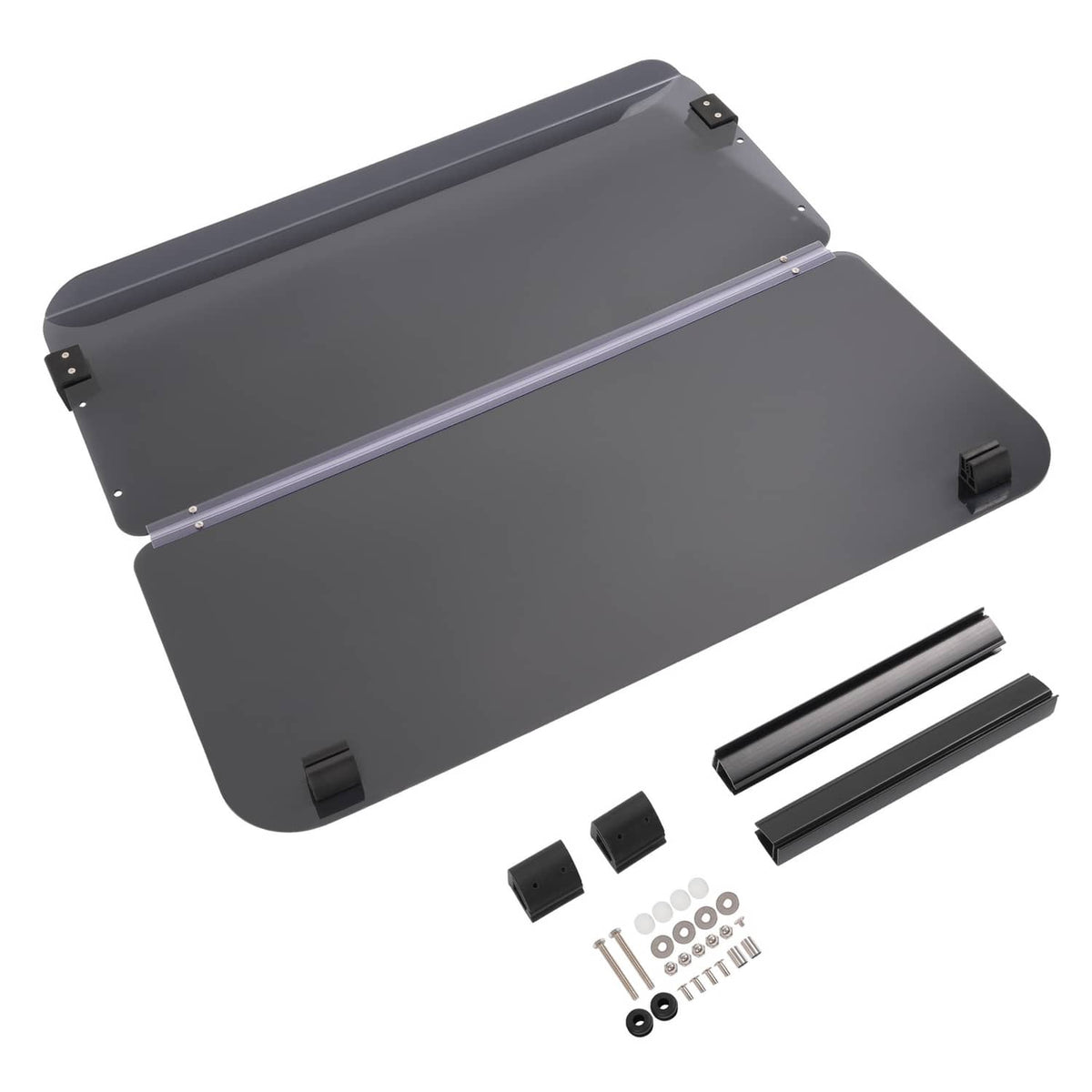 Tinted fold-down golf cart windshield windscreen, dark tinted panels with black brackets
