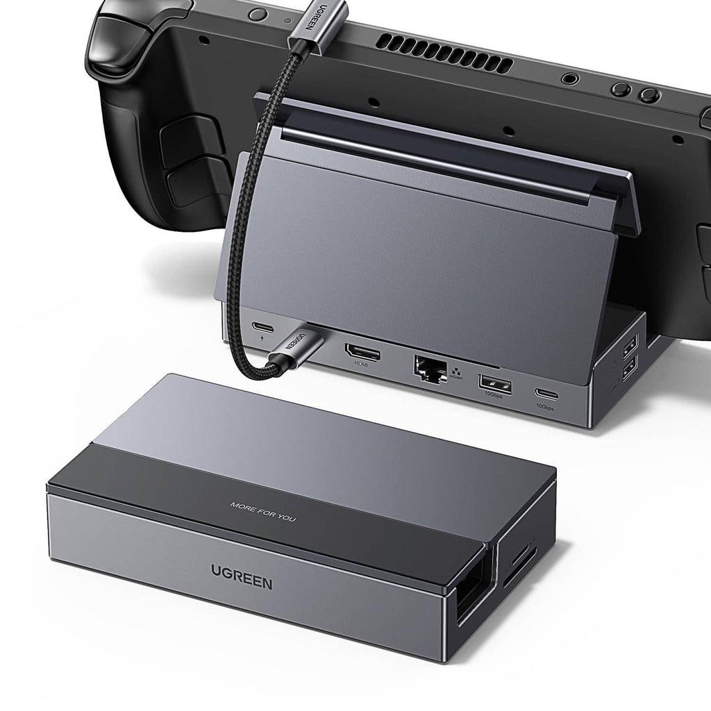 Grey docking station port panel with USB-C and HDMI ports on foldable stand