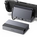 Grey docking station port panel with USB-C and HDMI ports on foldable stand