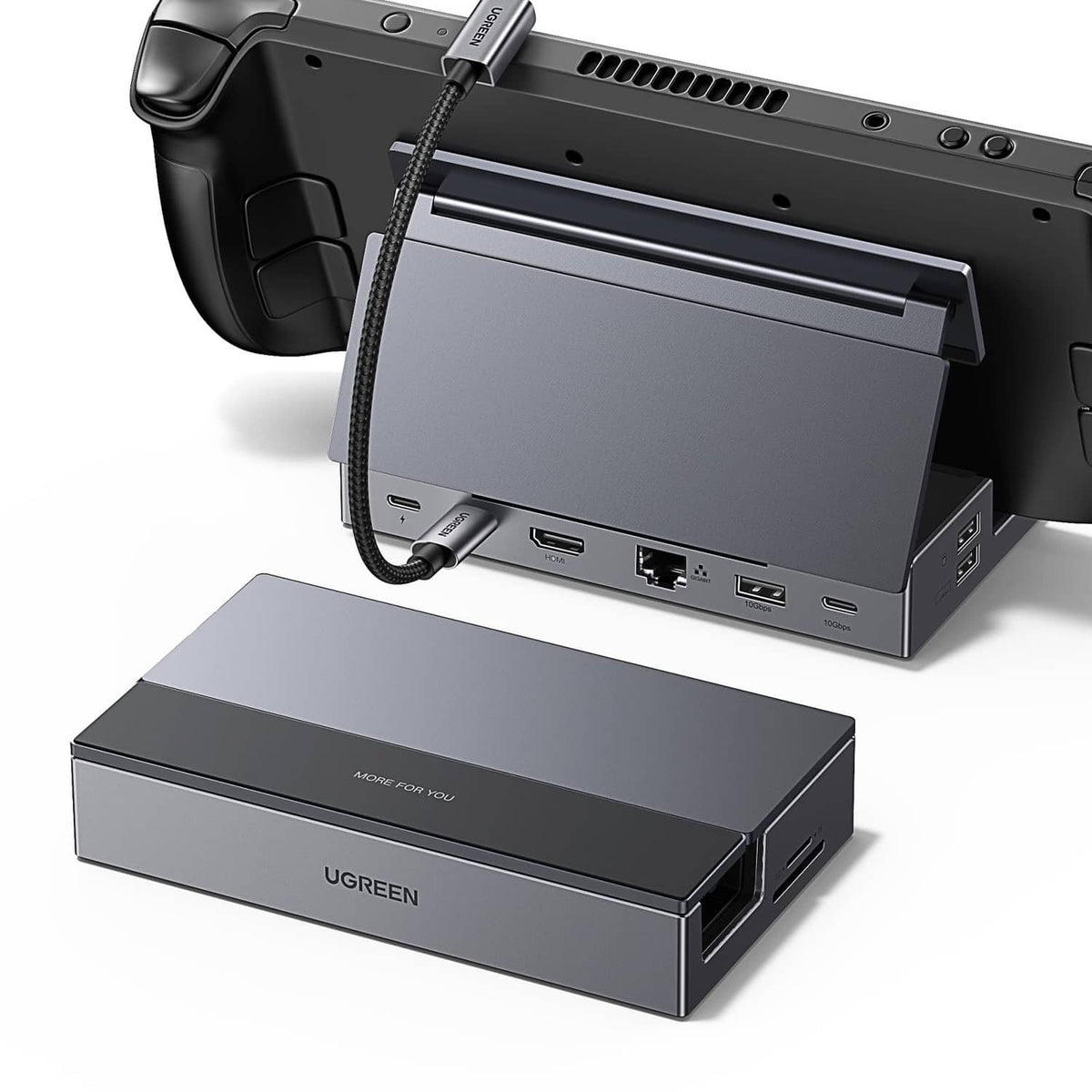 Grey docking station port panel with USB-C and HDMI ports on foldable stand