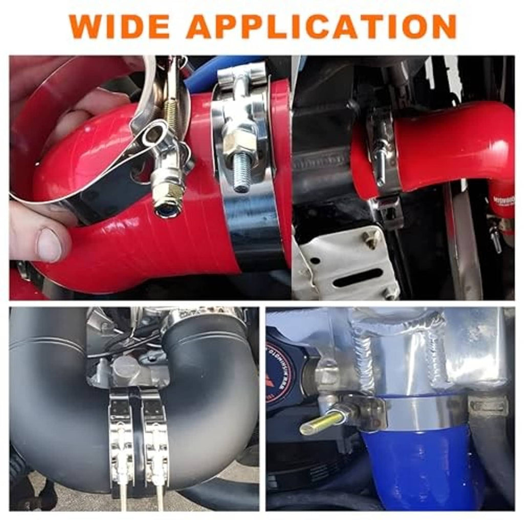 T-bolt hose clamps securing hoses on automotive engine connections