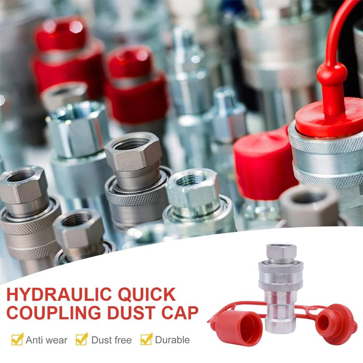 Hydraulic quick coupler dust caps on silver fittings with red protective end caps