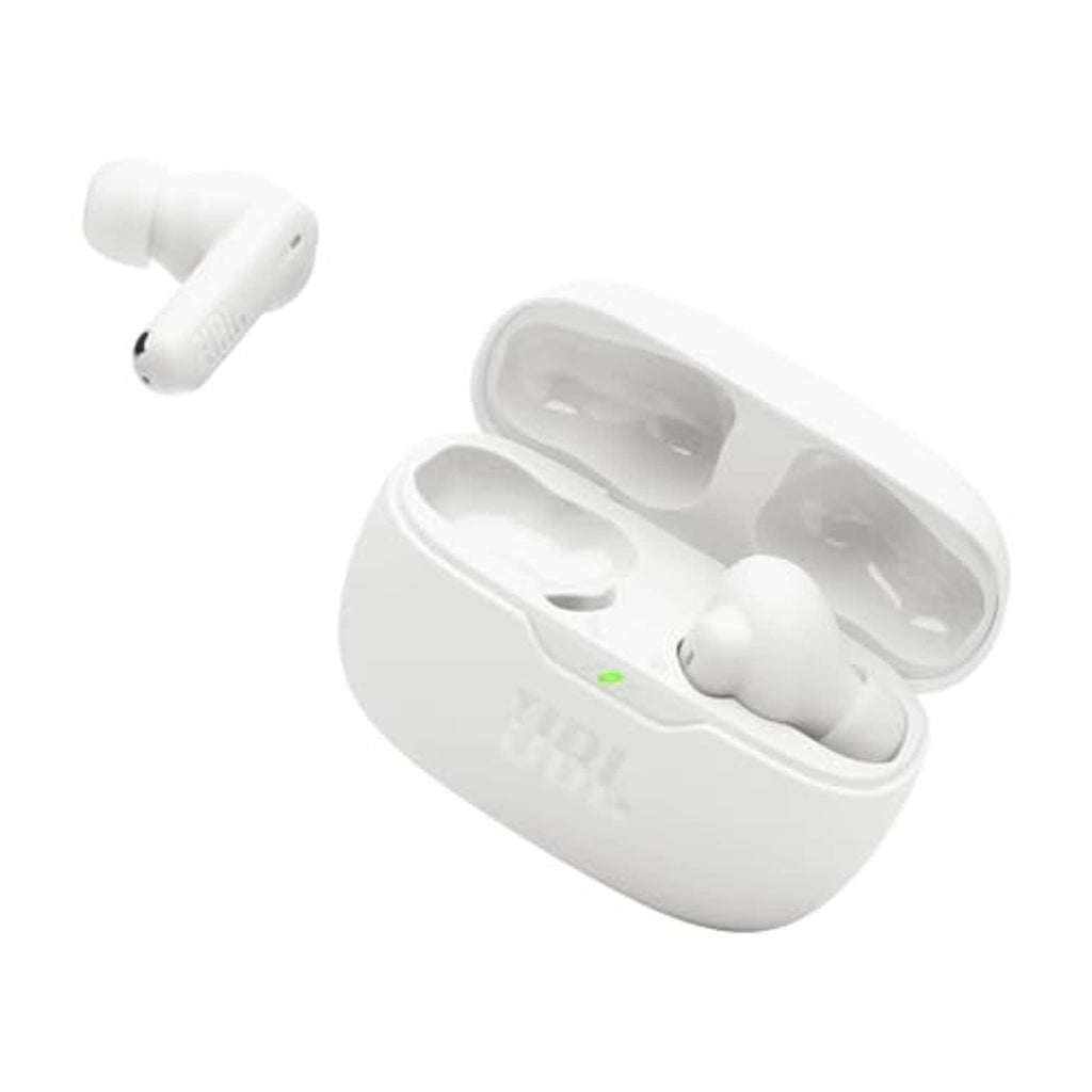 White noise-cancelling earbuds in open charging case with both earbuds seated