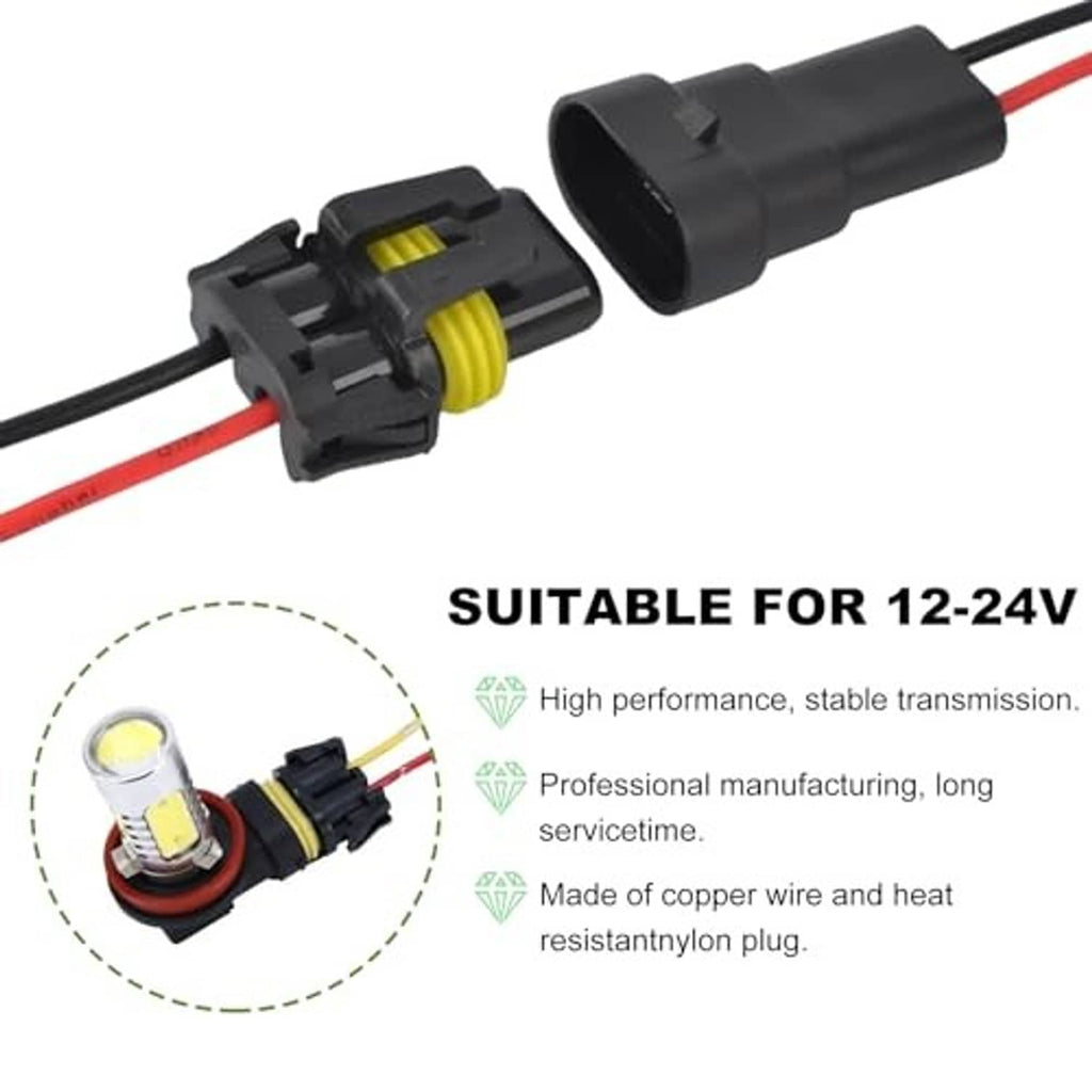 Close-up headlight wiring harness plug with yellow insert and red/black wire leads