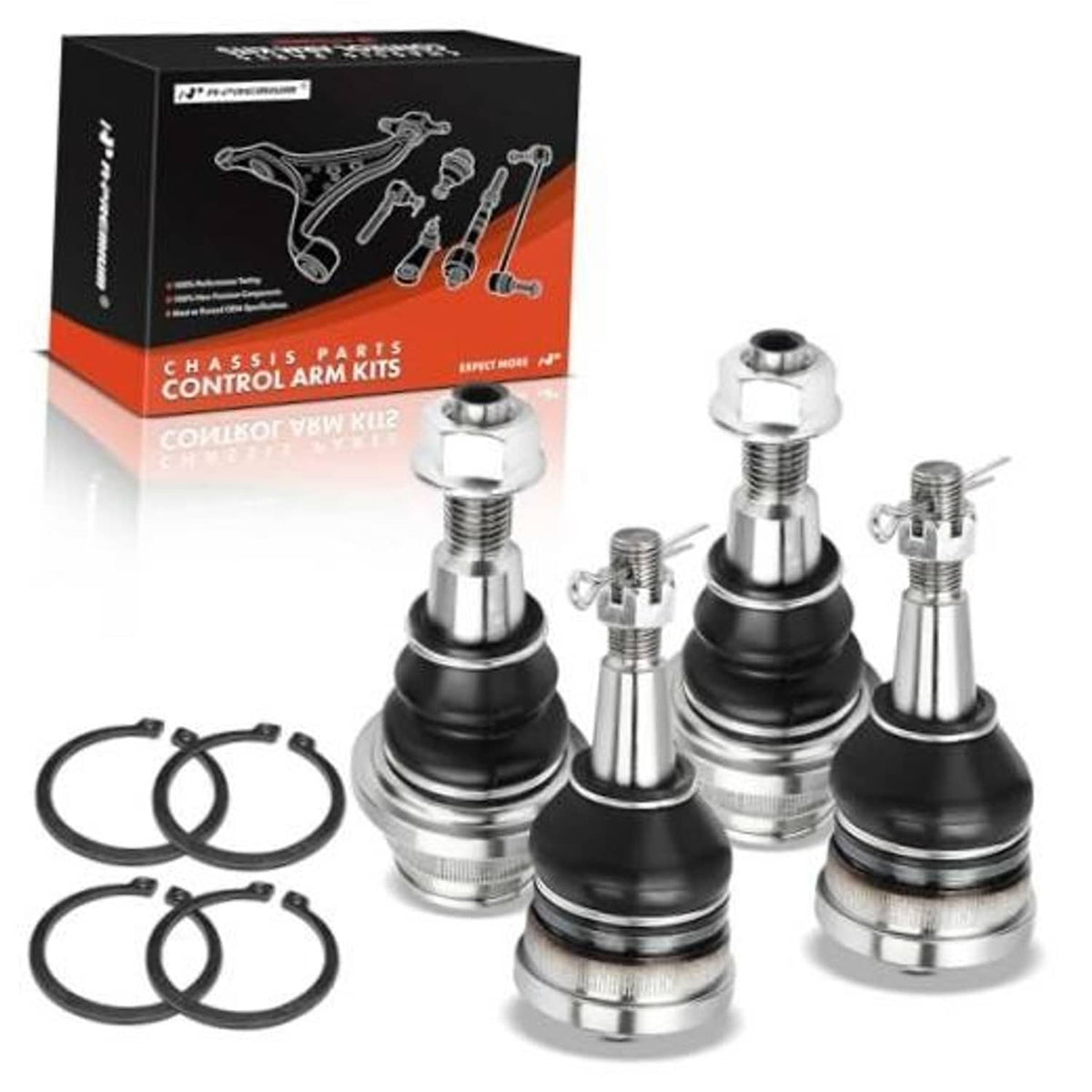 Front upper and lower ball joint kit, four chrome ball joints with black dust boots
