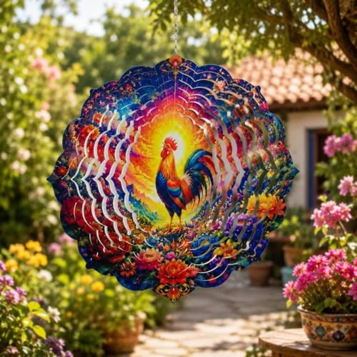 Rooster wind spinner with bright rainbow colors and hanging chain