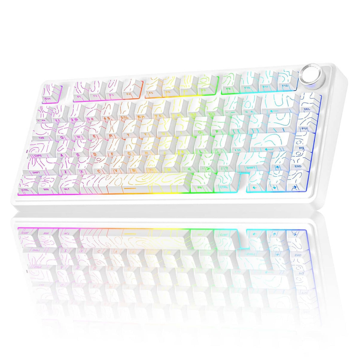 White 75% wireless mechanical keyboard with rotary knob, RGB backlit keys