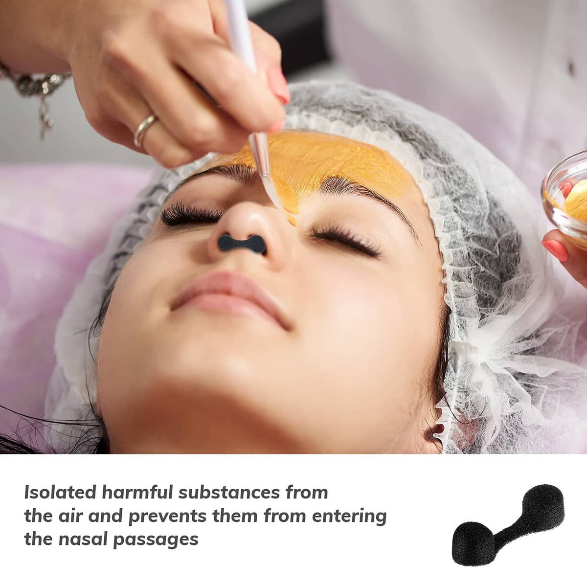 Black disposable sponge nose plug on nostril during facial treatment