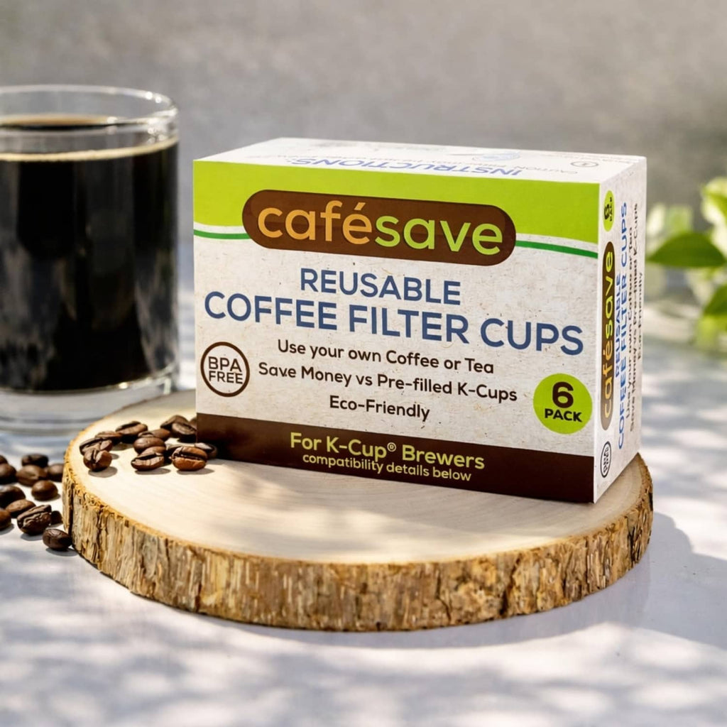 Reusable coffee filter cups 6-pack, BPA-free, purple filter cup on product box