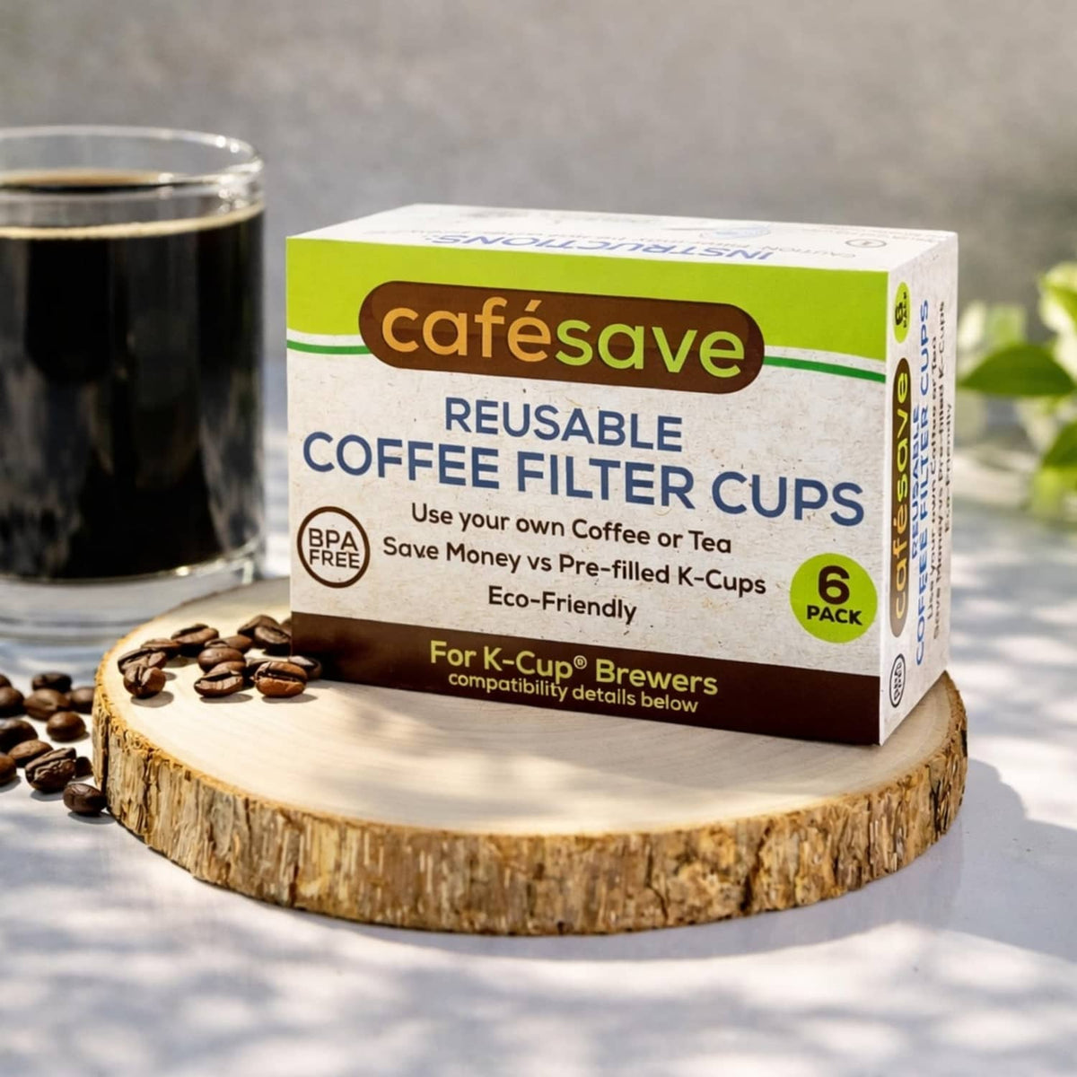 Reusable coffee filter cups 6-pack, BPA-free, purple filter cup on product box