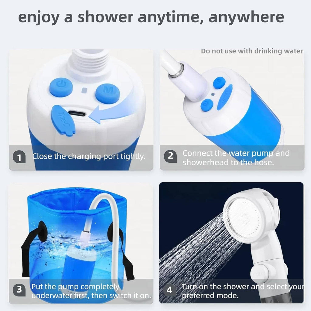 Camping shower pump steps with blue control buttons and white showerhead
