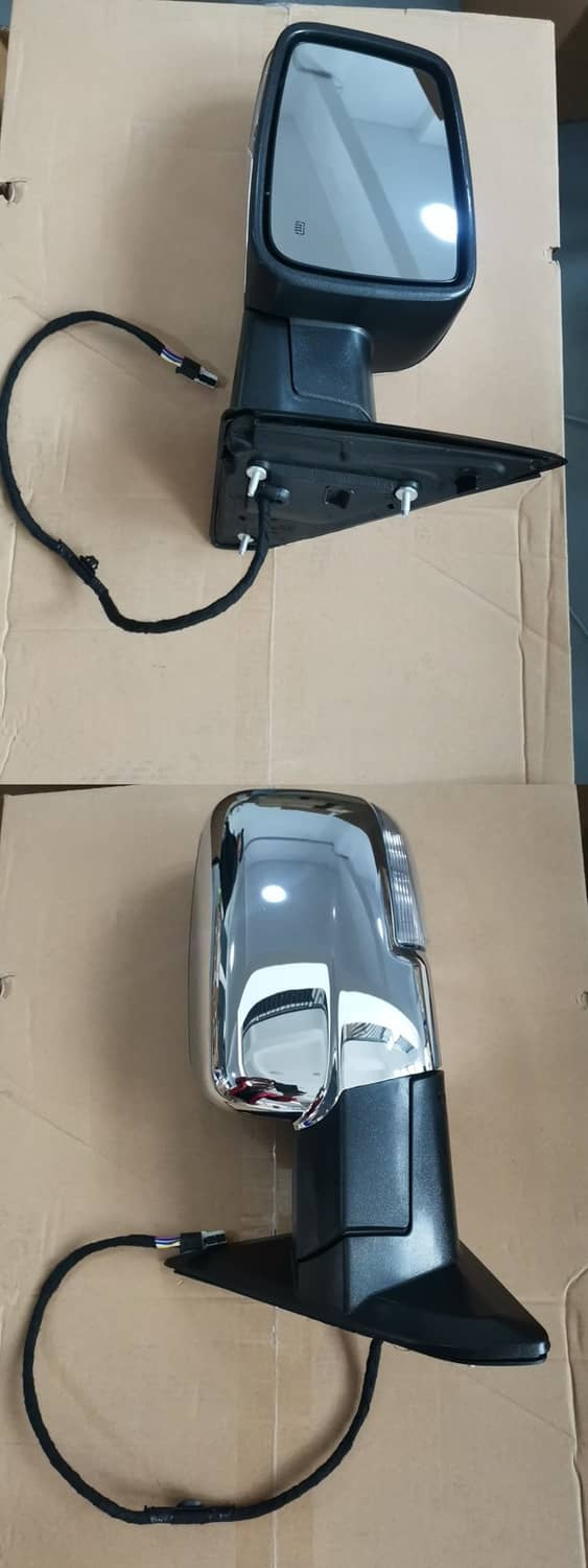 Left side power folding mirror assembly with wiring and back mounting plate