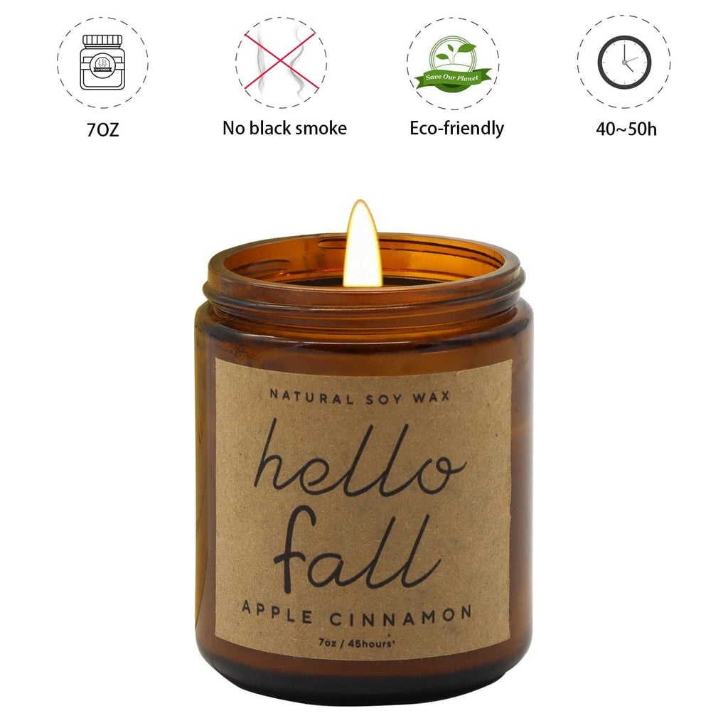 Hello Fall apple cinnamon soy wax candle in amber glass jar with white wick