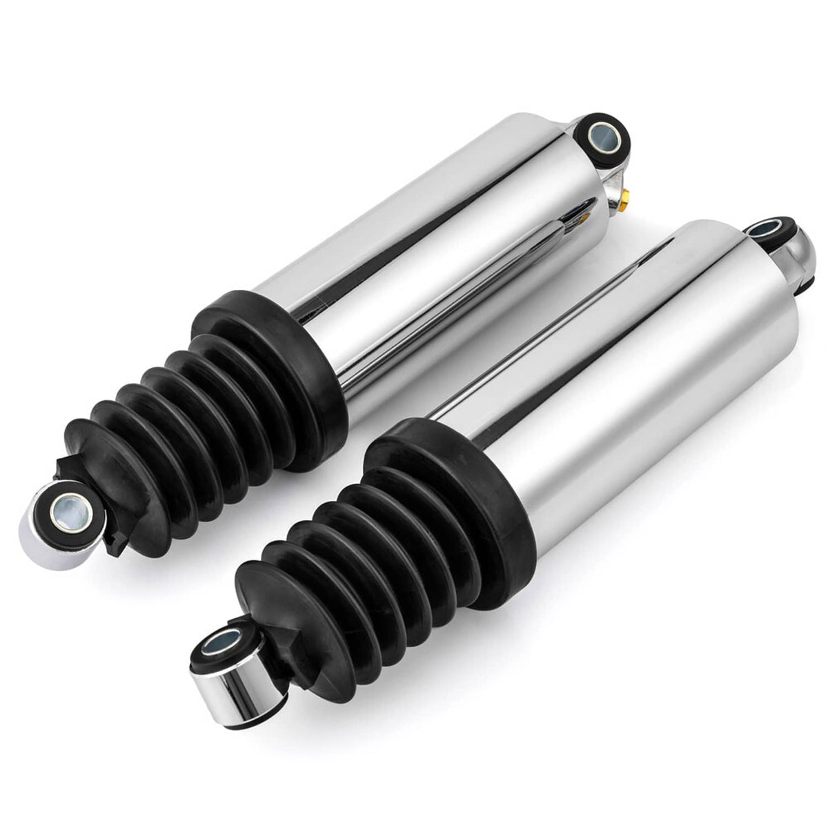 Pair of chrome air suspension shocks with black rubber boots and round eyelet ends