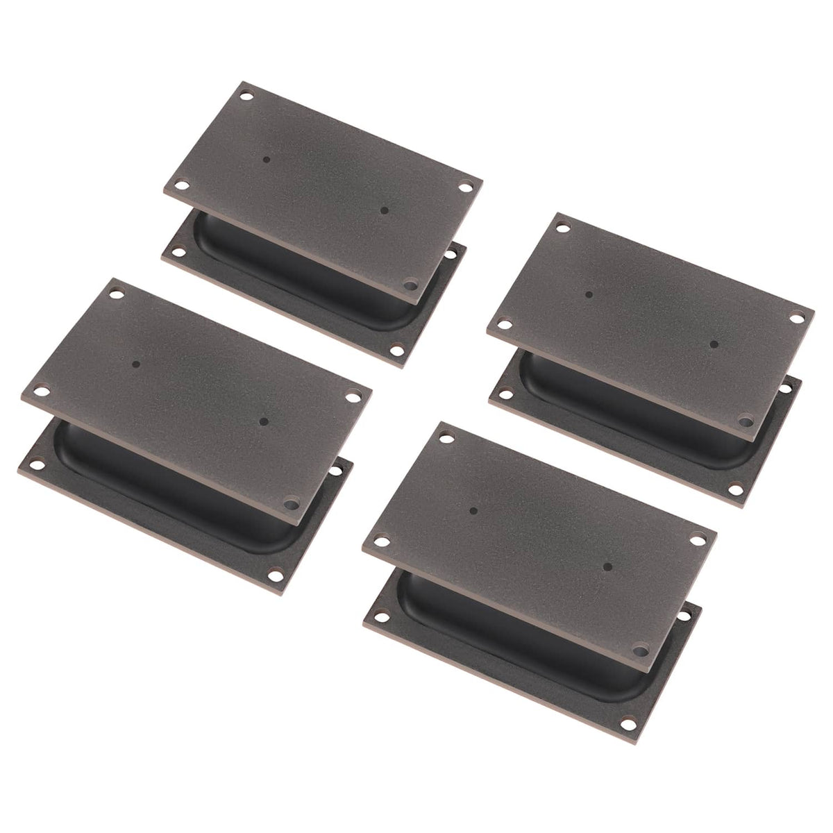 Four rubber shock mount isolators with metal mounting plates and raised rubber pads
