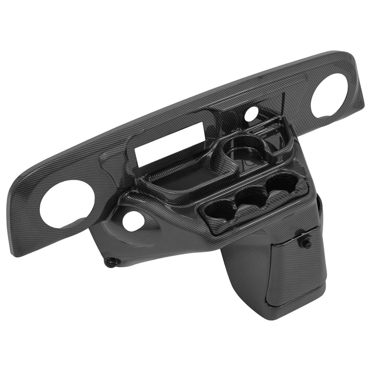 Carbon-fiber style dash panel with radio cutout, speaker area, and side storage