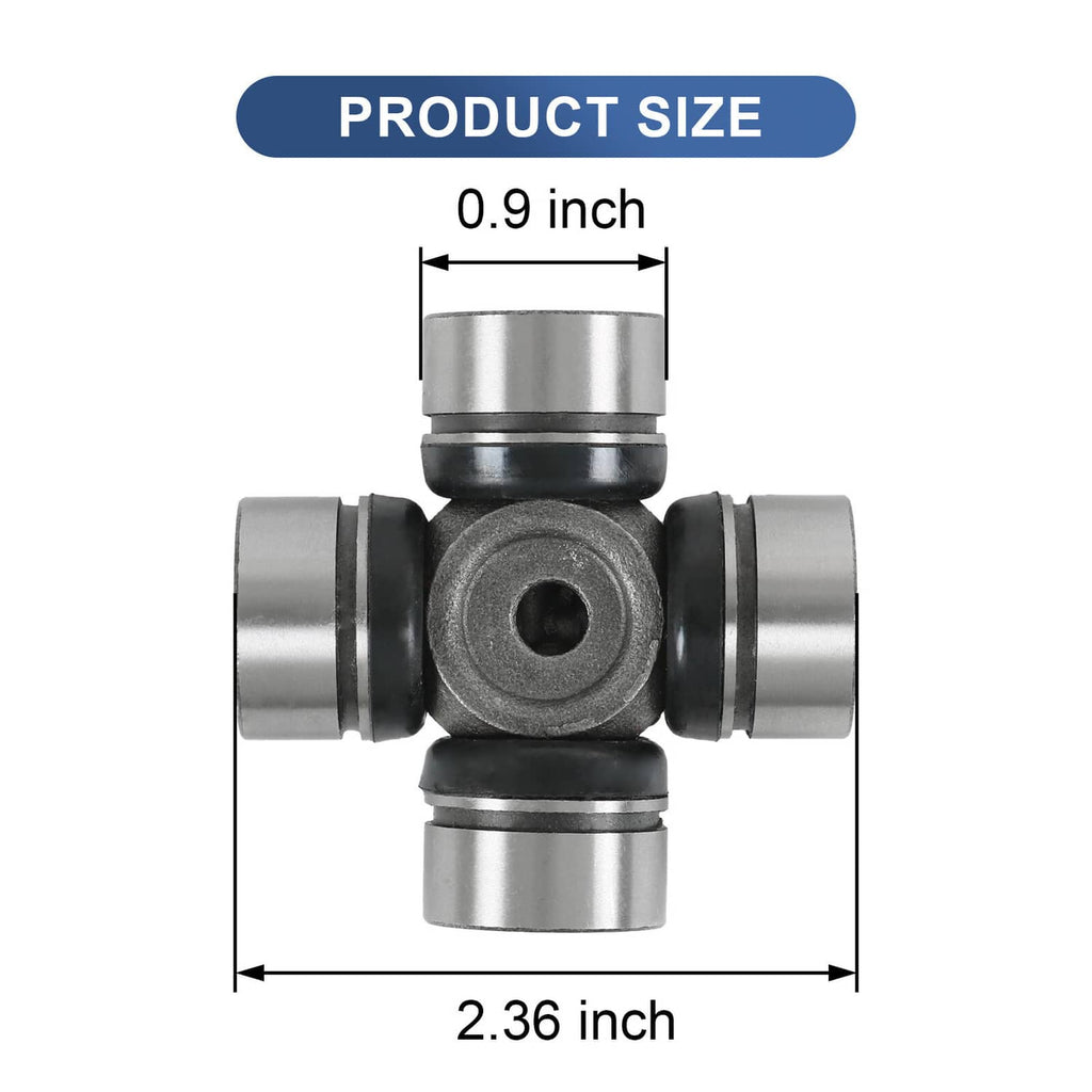 U-joint with gray cross and silver caps, sized 0.9 in by 2.36 in