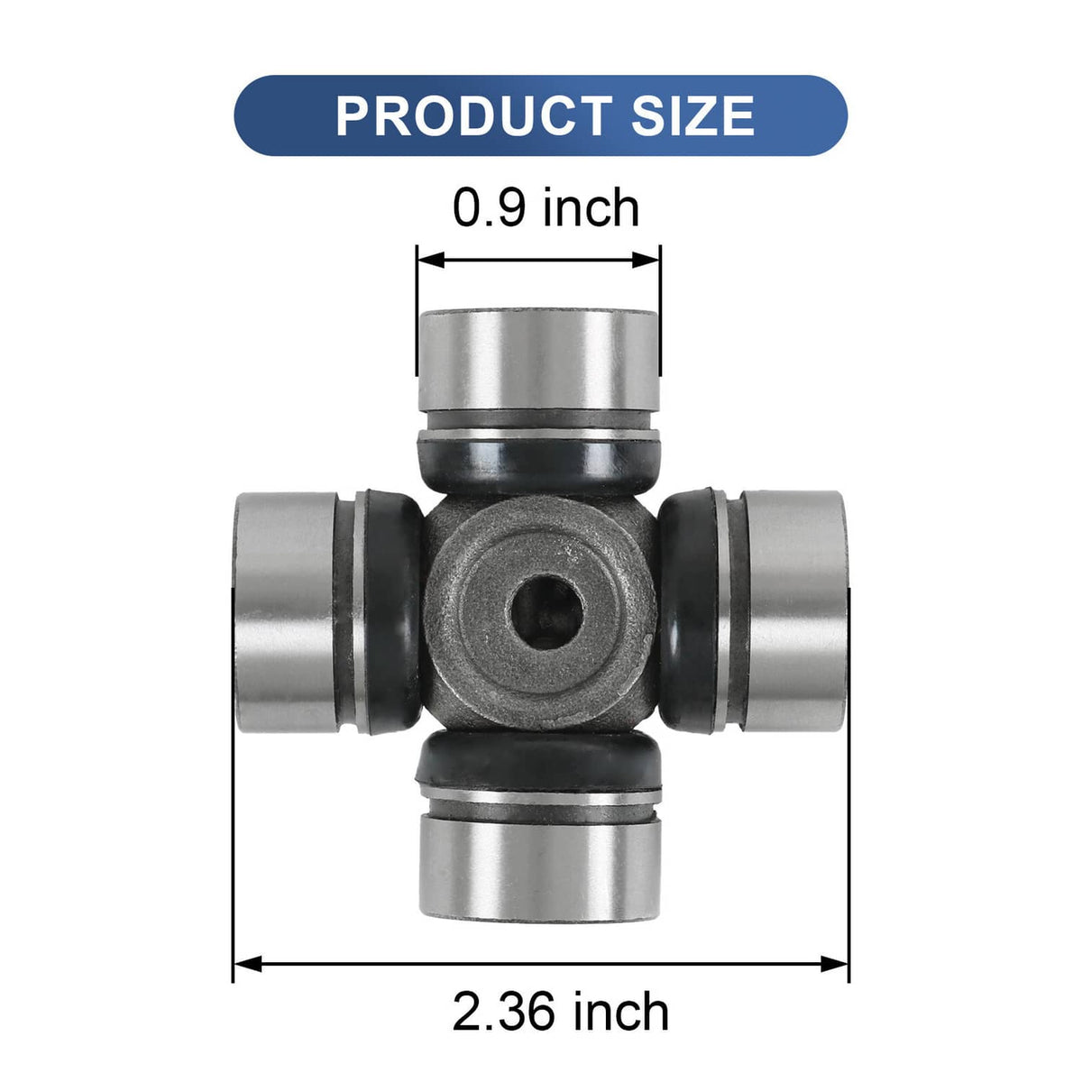 U-joint with gray cross and silver caps, sized 0.9 in by 2.36 in