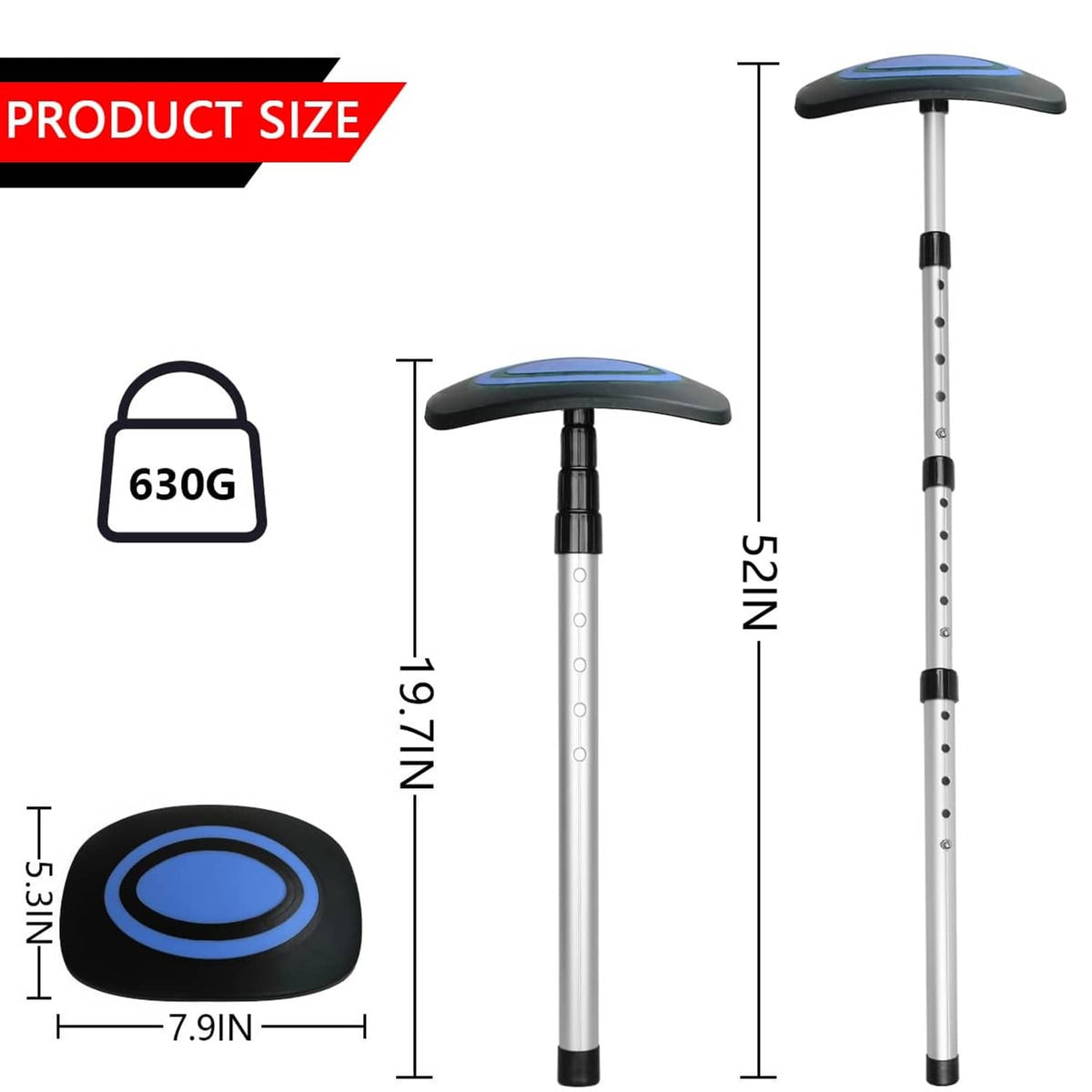 Golf umbrella club support system with blue cover and height markings on white pole