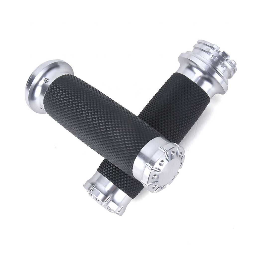 Motorcycle handlebar grips, black textured rubber with chrome end rings and cuffs